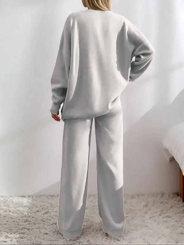 Women's Front Drop Shoulder V Neck Cardigan & Elastic Waist Wide Leg Pants Two-piece Set