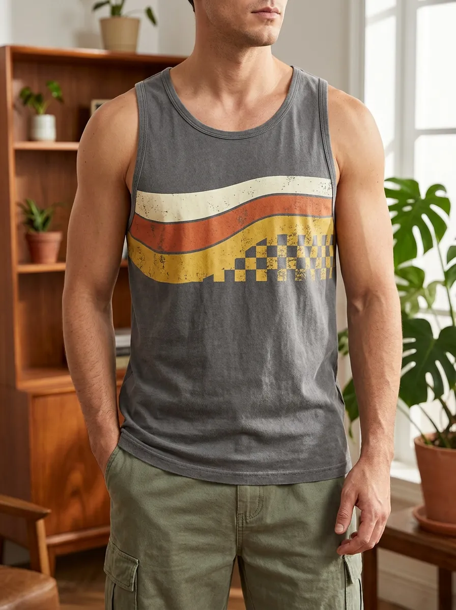 Men's Retro Surf Vintage Striped Checkerboard Tank Top