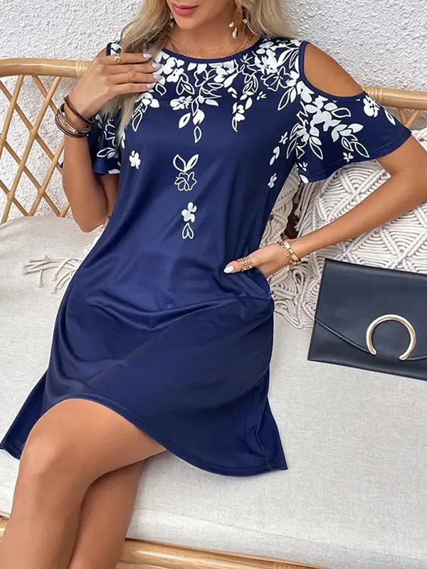 A Line Relaxed Flower Print Hollow Cold Shoulder Mini Dress