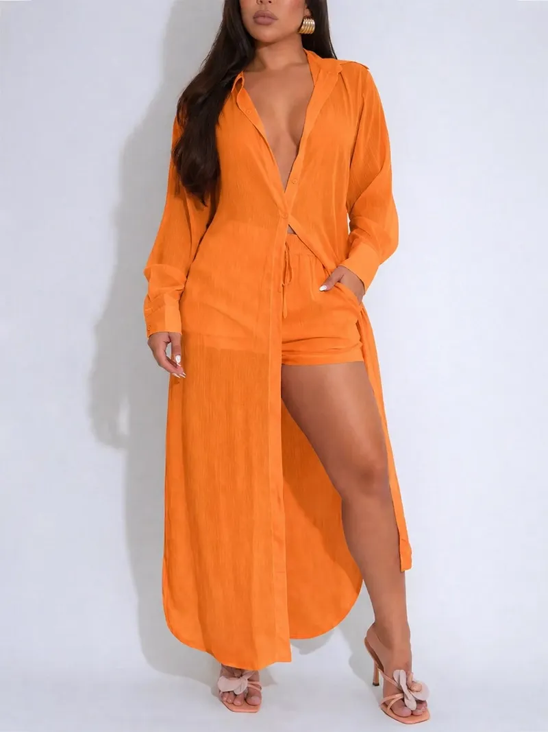 Women's Solid Color Button Front Shirt & Shorts Two-Piece Set
