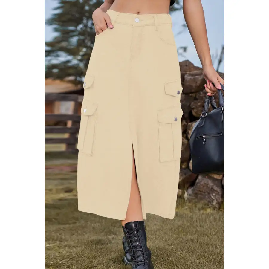 Slit Front Midi Denim Skirt with Pockets