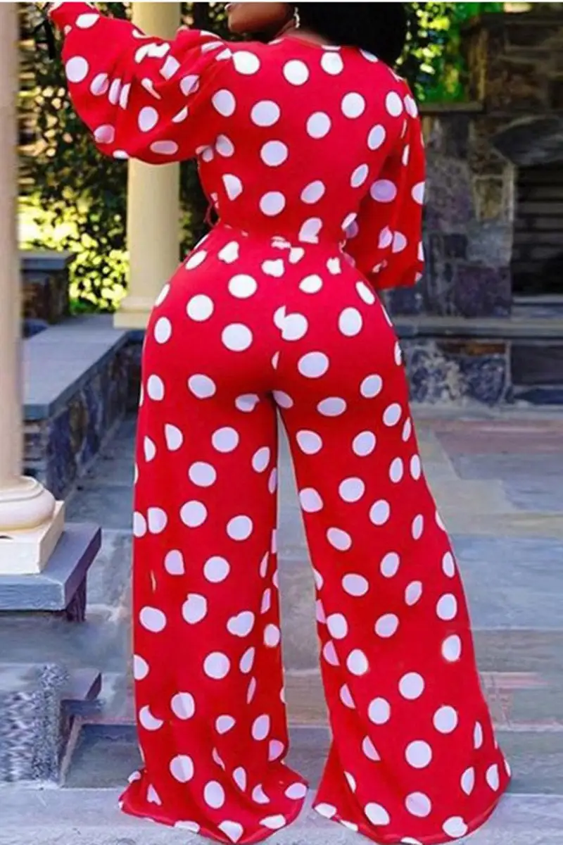 Fashion Casual Dot Print Basic V Neck Regular Jumpsuits