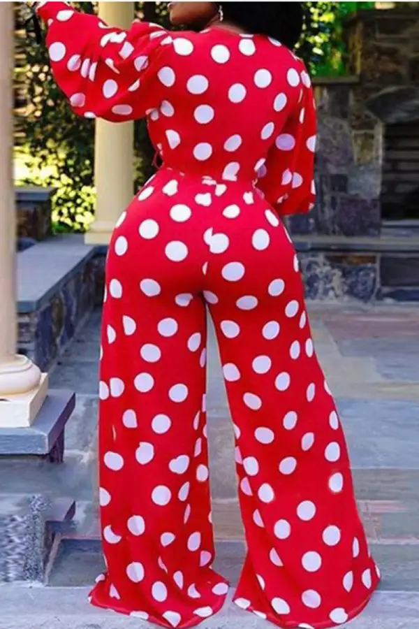 Fashion Casual Dot Print Basic V Neck Regular Jumpsuits