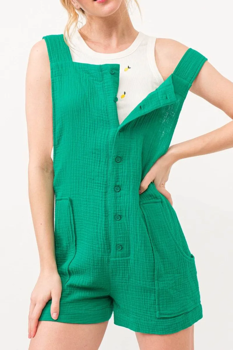 Button Front Tie Back Sleeveless Romper