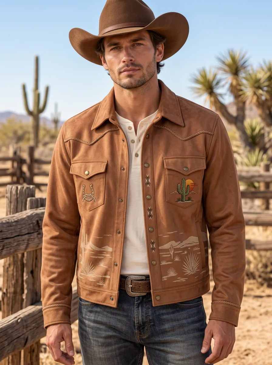 Men's Western Cowboy Horseshoe Horse Cactus Desert Jacket