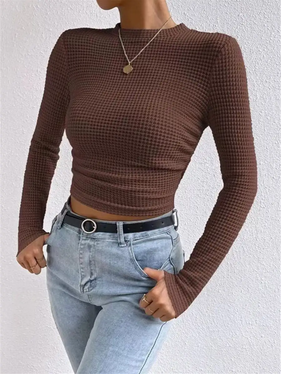 Long Sleeve Slim Fit Pleat Detail Panel Detail Textured Waffle Check Round Neck T-Shirt