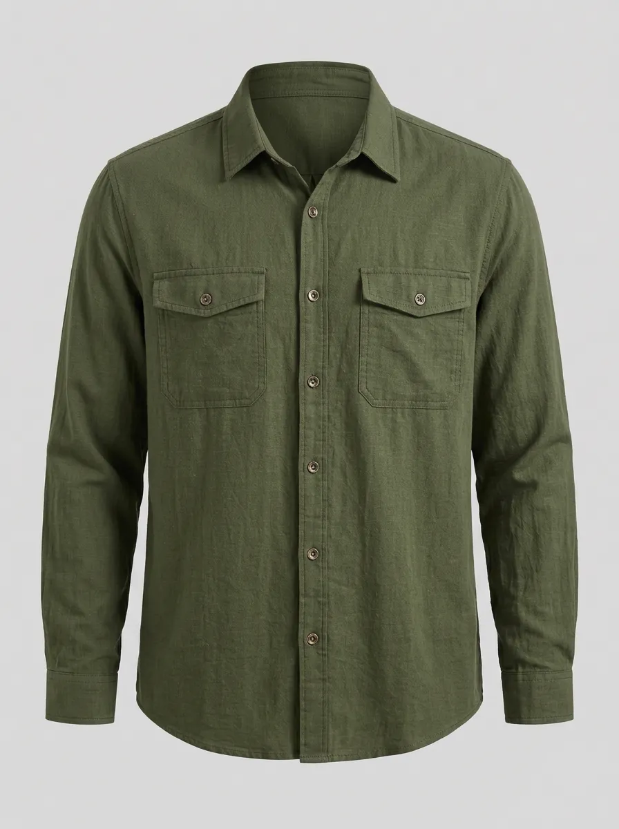 Men's Casual Outdoor Olive Green Button Down Linen Shirt