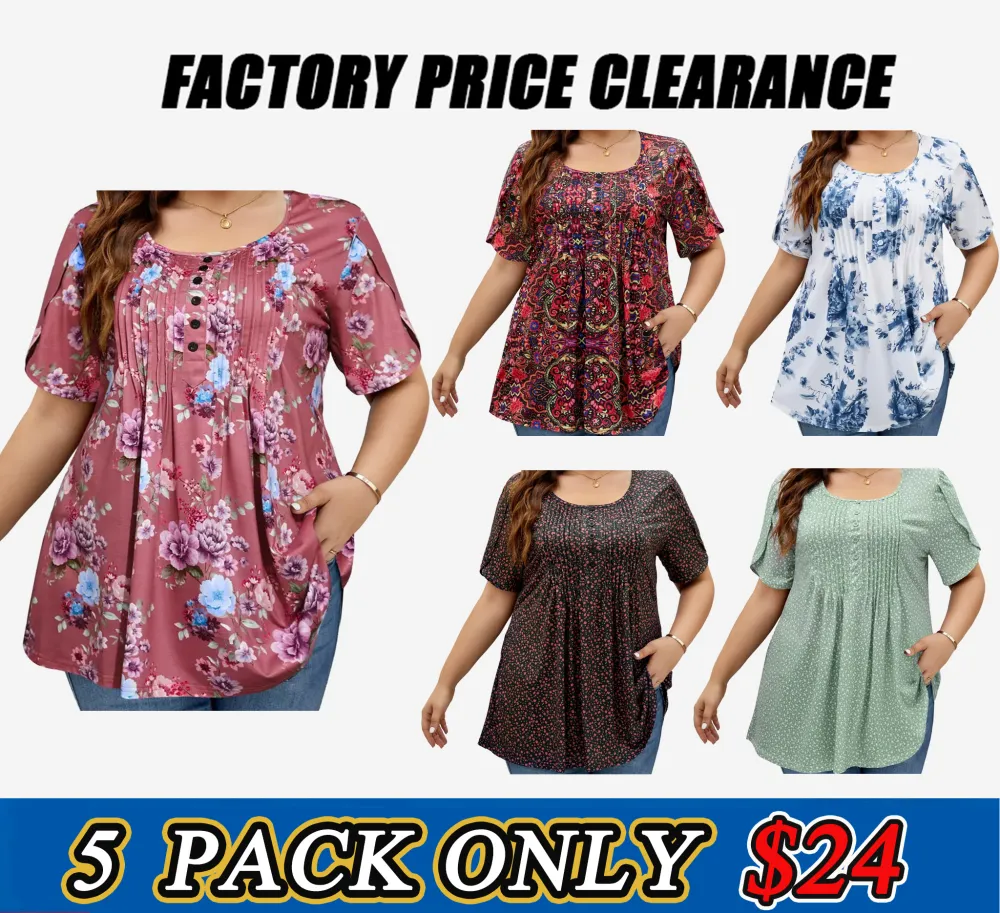 Women's Plus Size Summer Waist-Cinching Top with Round Neck and Printed Casual Short Sleeves