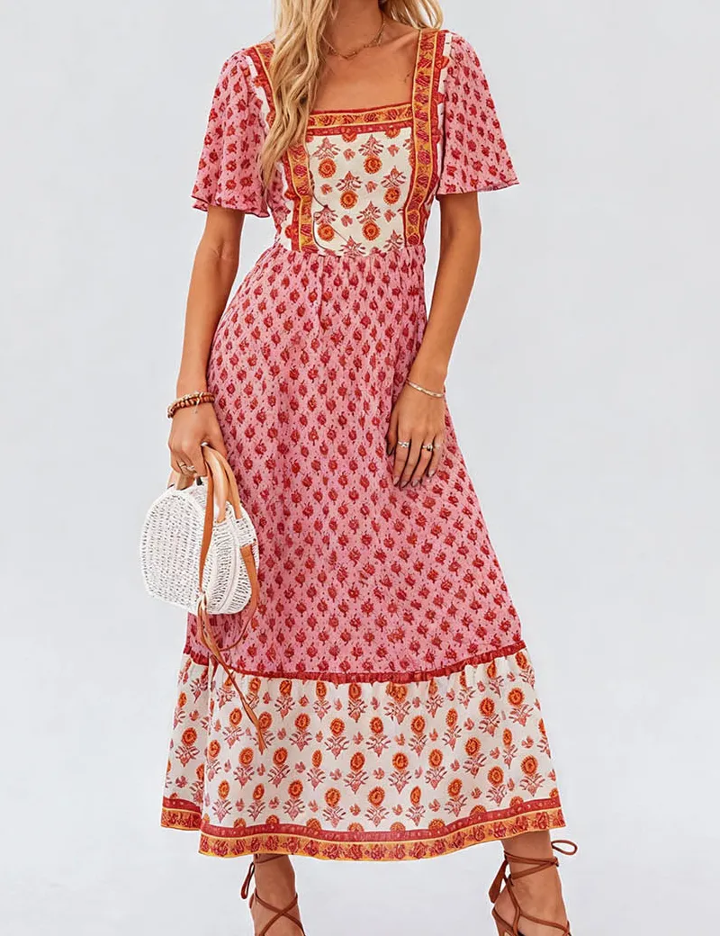 Boho Square Neck Short Sleeves Maxi Dress