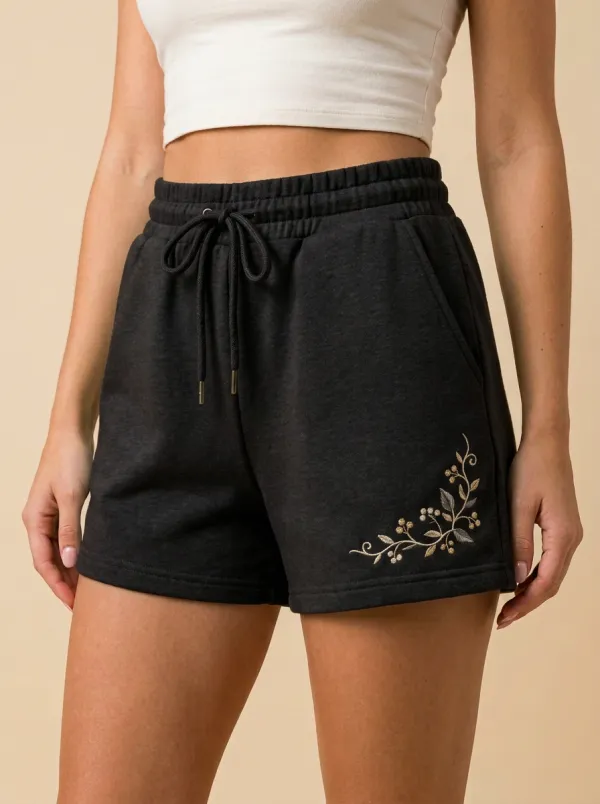 Women's Floral Hem-Embroidered Drawstring Shorts