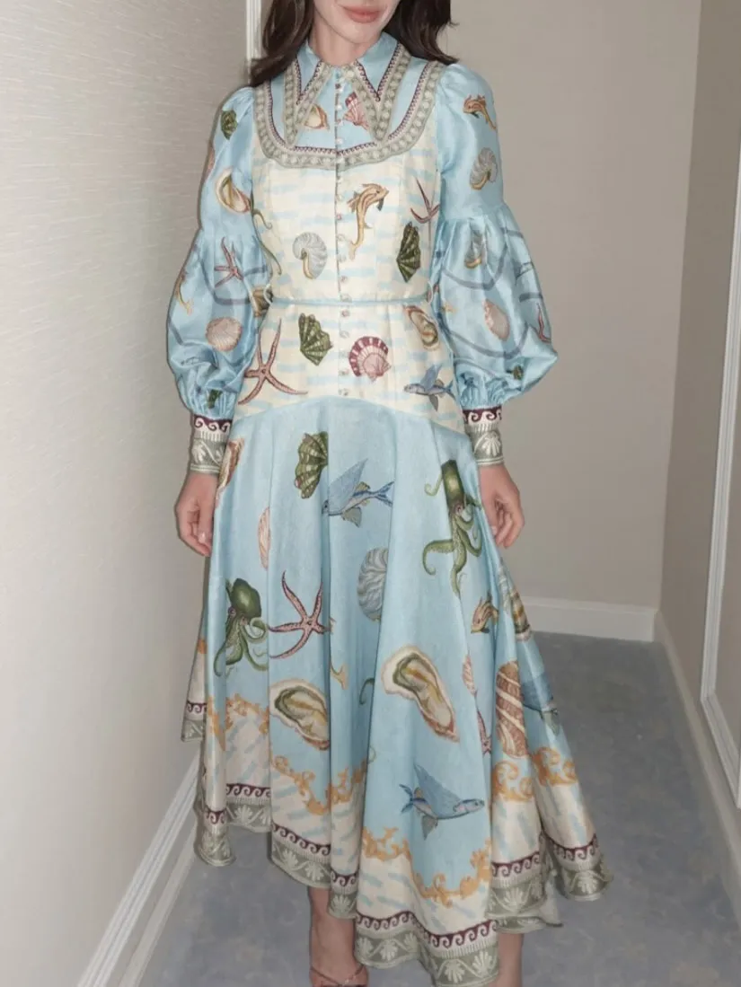 Deep Sea Floral Print Single Breasted Midi Dress