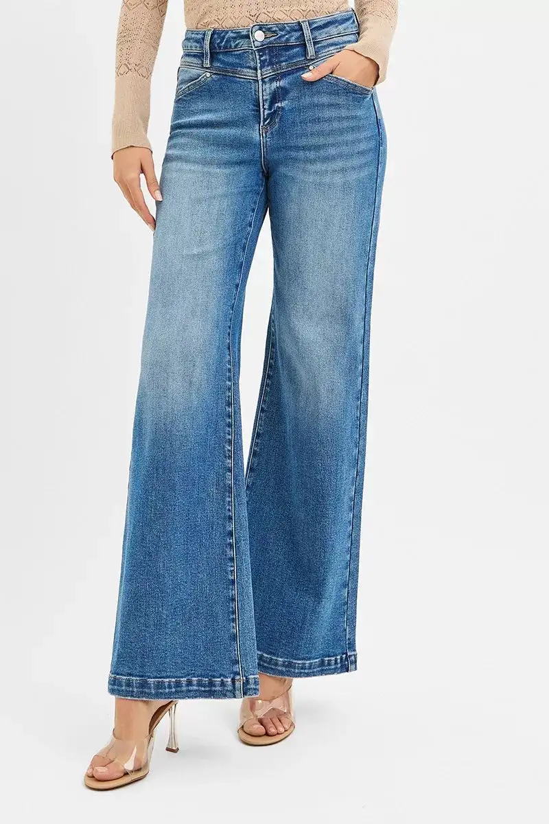 High Rise Heart Pocket Yoke Detail Wide Leg Jeans