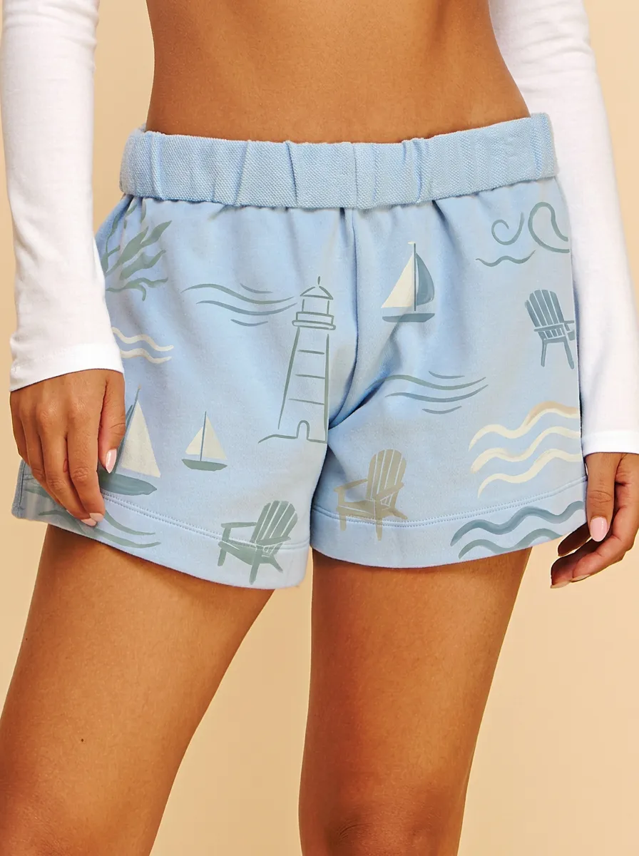 Women's Marina Coastal Nautical Lighthouse Sailboat Printed Shorts