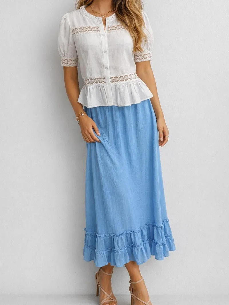 Solid Color Tiered Ruffle Hem Elastic Waist Maxi Skirt