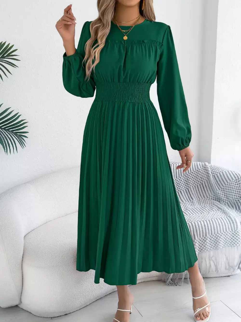 Pleated Smocked Long Sleeve Midi Dress