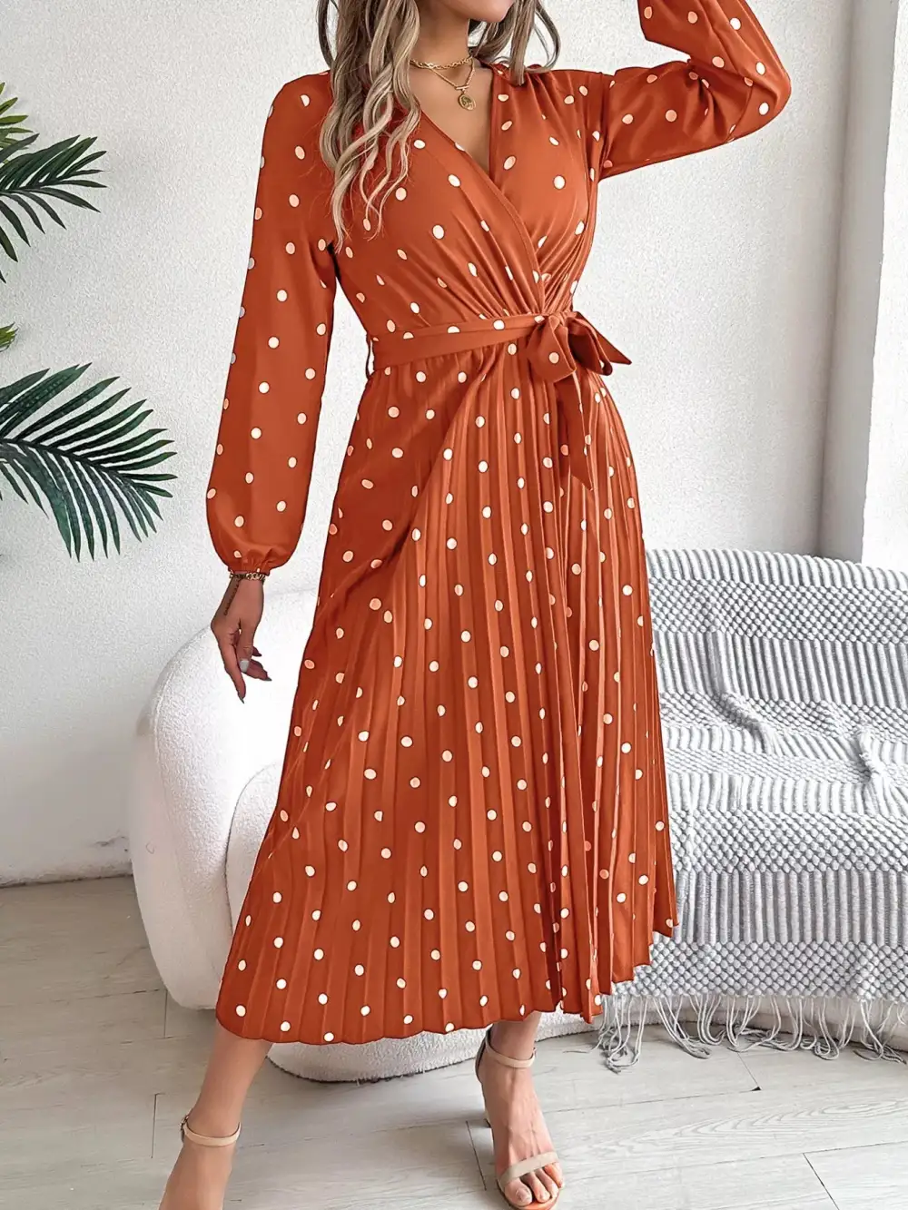 Polka Dot Pleated Midi Dress