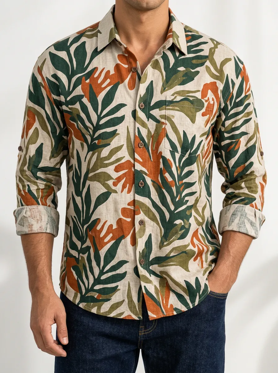 Men's Leaf Motif Long Sleeve Shirt