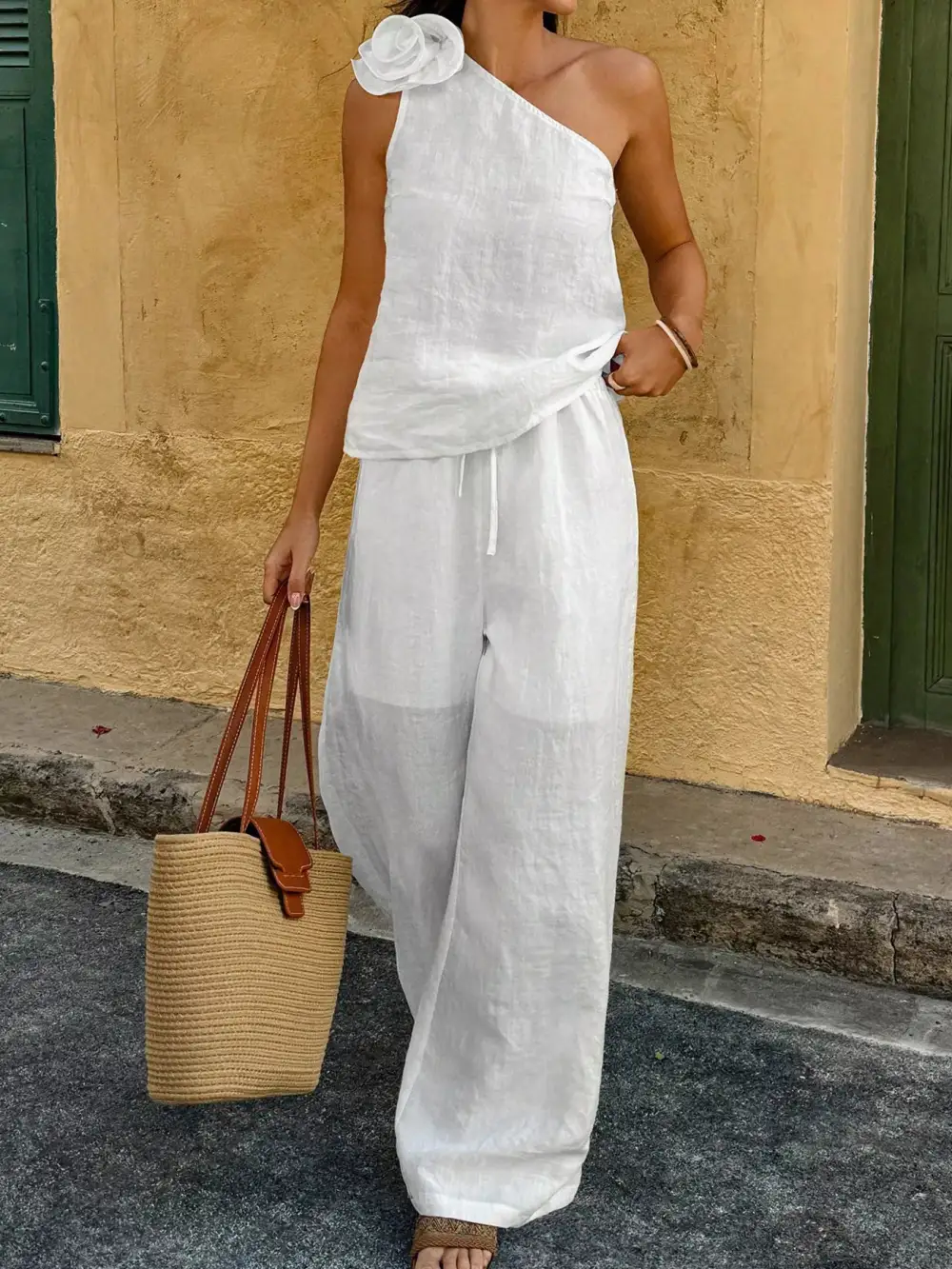 One-shoulder Embellished Top and Pants Set