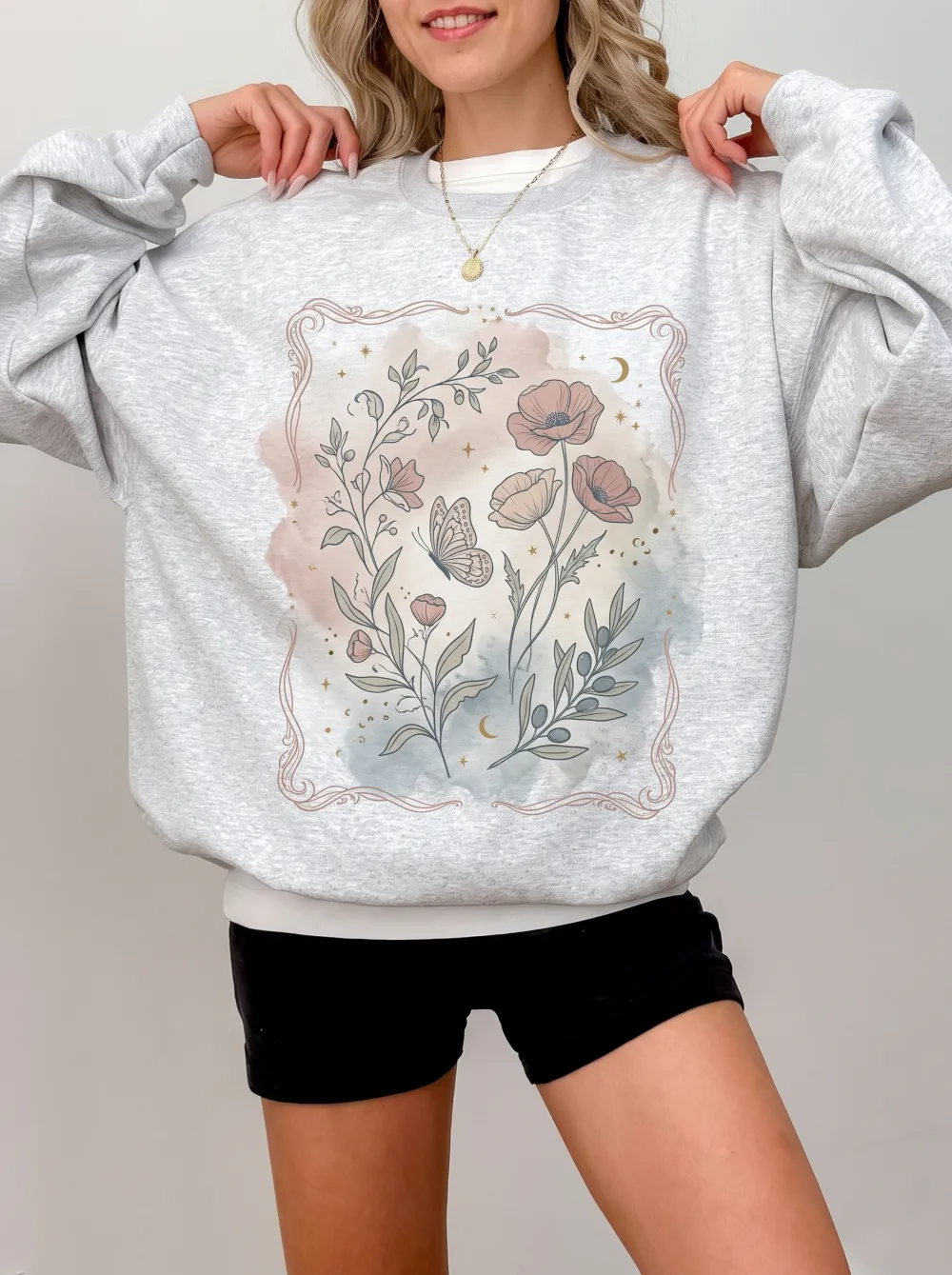 Women's Botanical Butterfly Floral Watercolor Printed Sweatshirt