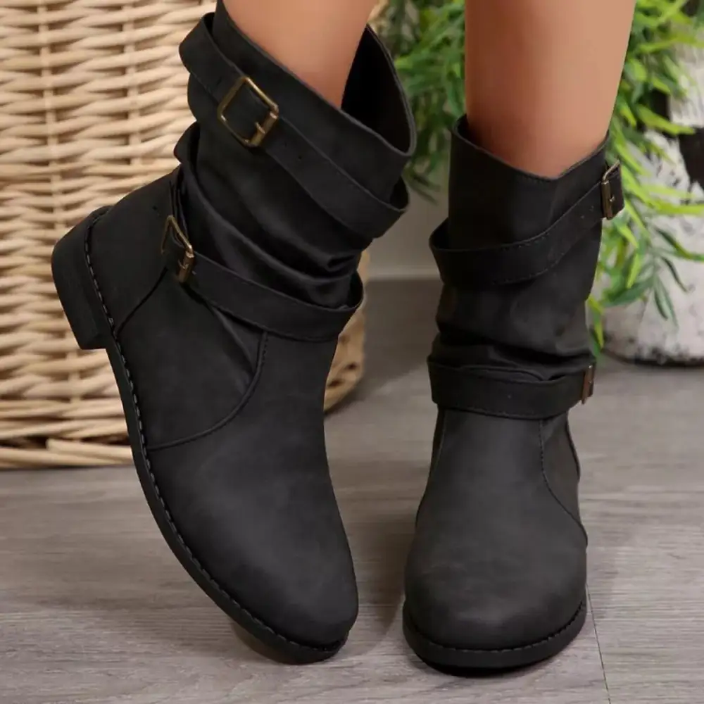 Buckled Low Heel Boots