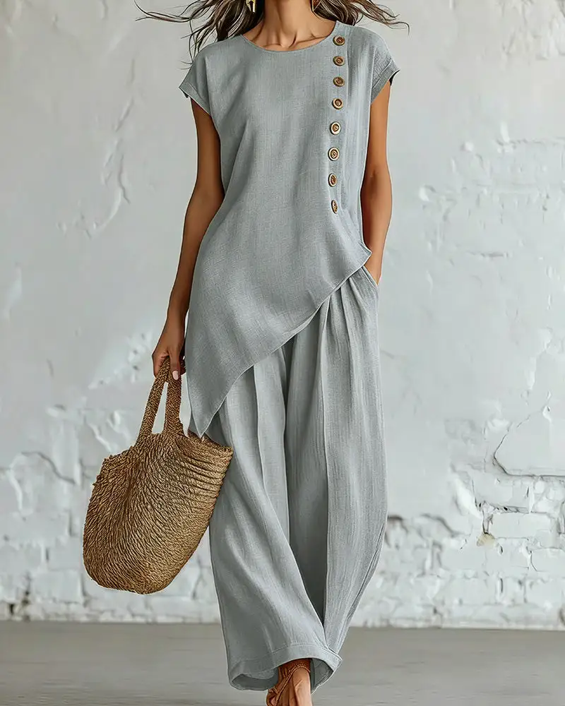 Asymmetrical Button Top and Wide-Leg Pants Lounge Set