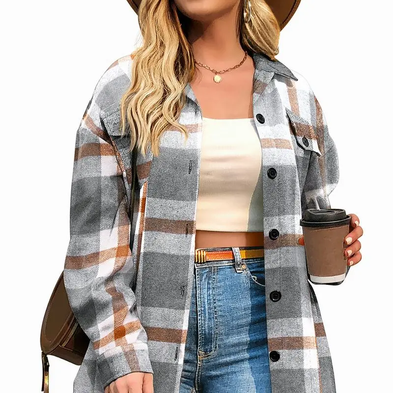 Women's Plus Size Shacket Jacket Flannel Plaid Long Sleeve Button Down Shirts Casual Fall Blouses Tops Winter Coats Winter Holiday