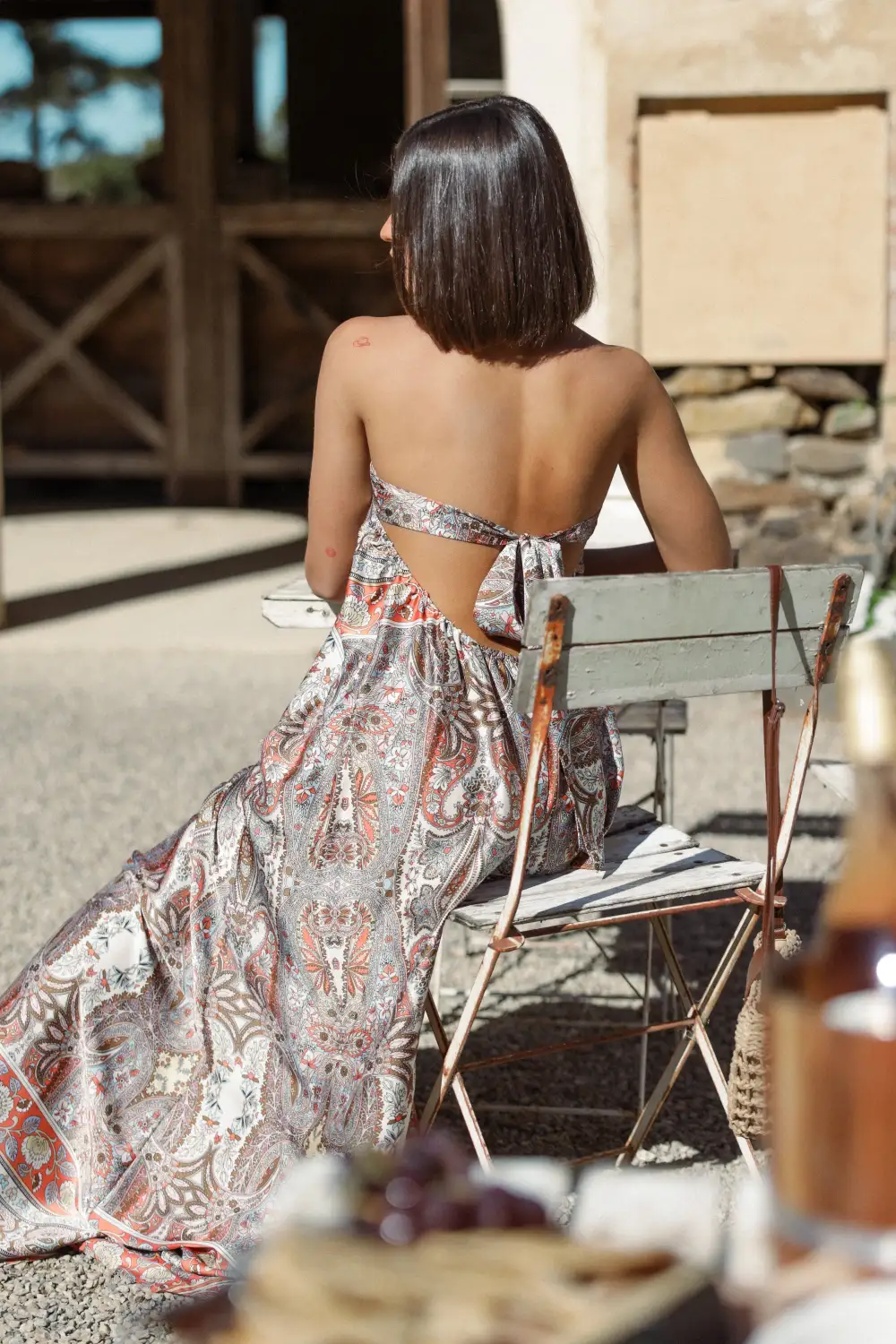 Strapless Open-Back Wide-Leg Printed Jumpsuit