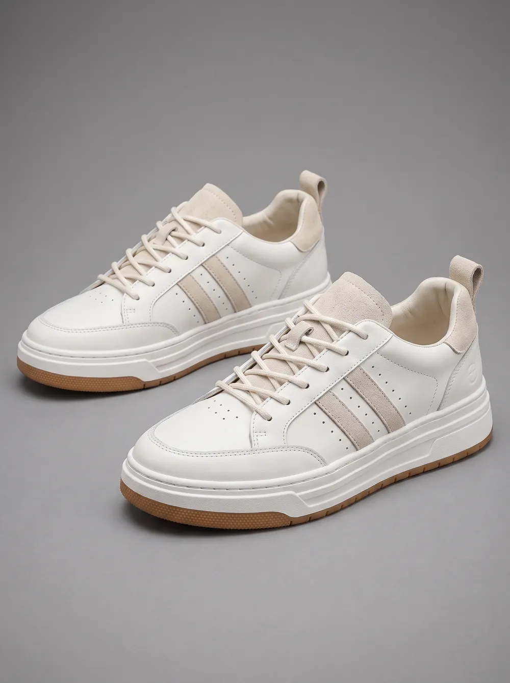 Men's Minimalist Beige Striped White Leather Casual Sneakers