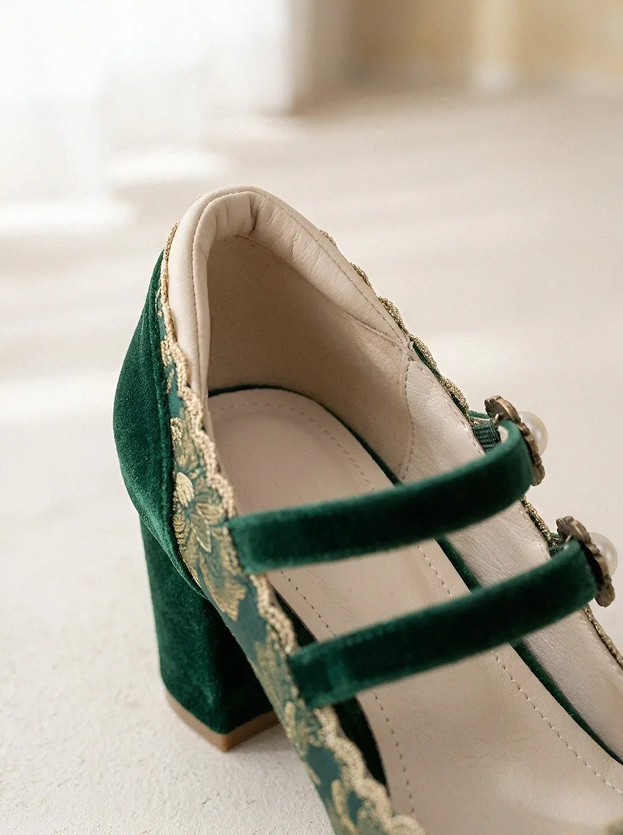 Mary Jane Floral Velvet Embroidered Women's Bavarian Occasion Heels
