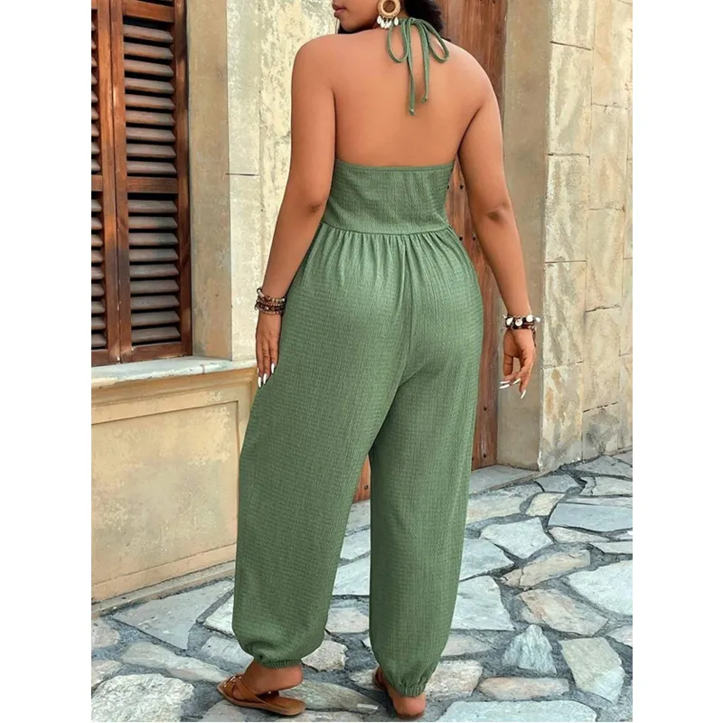 [Plus Size] Solid-Color Jumpsuit with Pockets