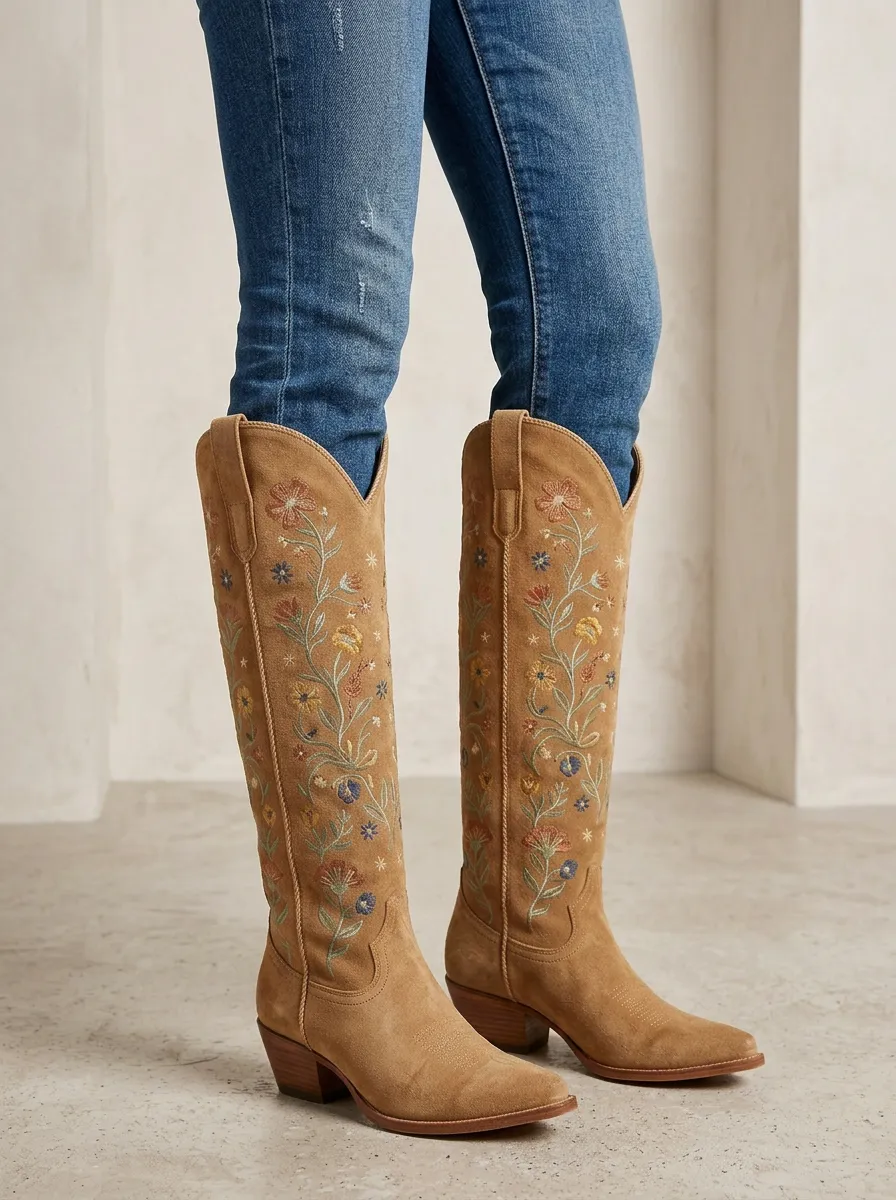 Women's Western Floral Embroidered Piped Pointed-Toe Stacked-Heel Pull-On Denim Over-the-Knee Boots