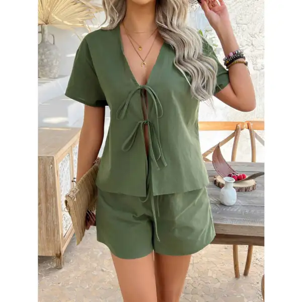 Tied V Neck Short Sleeve Top and Shorts Set