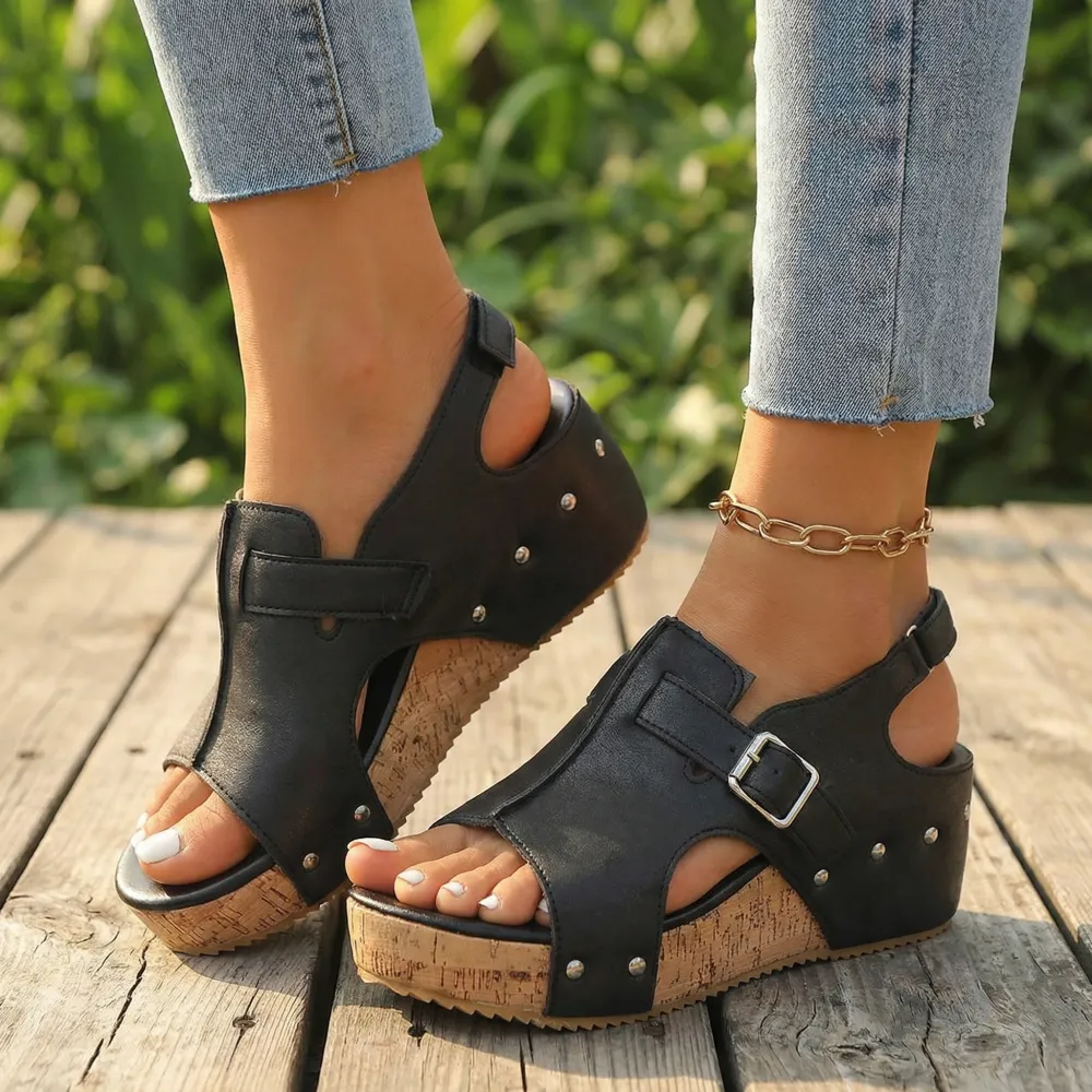 Retro Cork Wedge Sandals with Rivet Detail