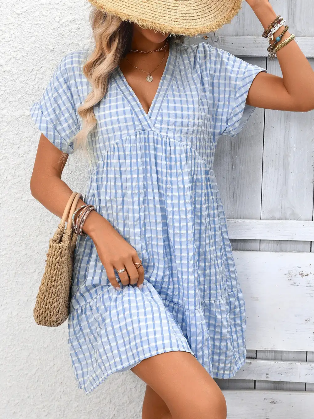 Plaid V Neck Ruffle Mini Dress