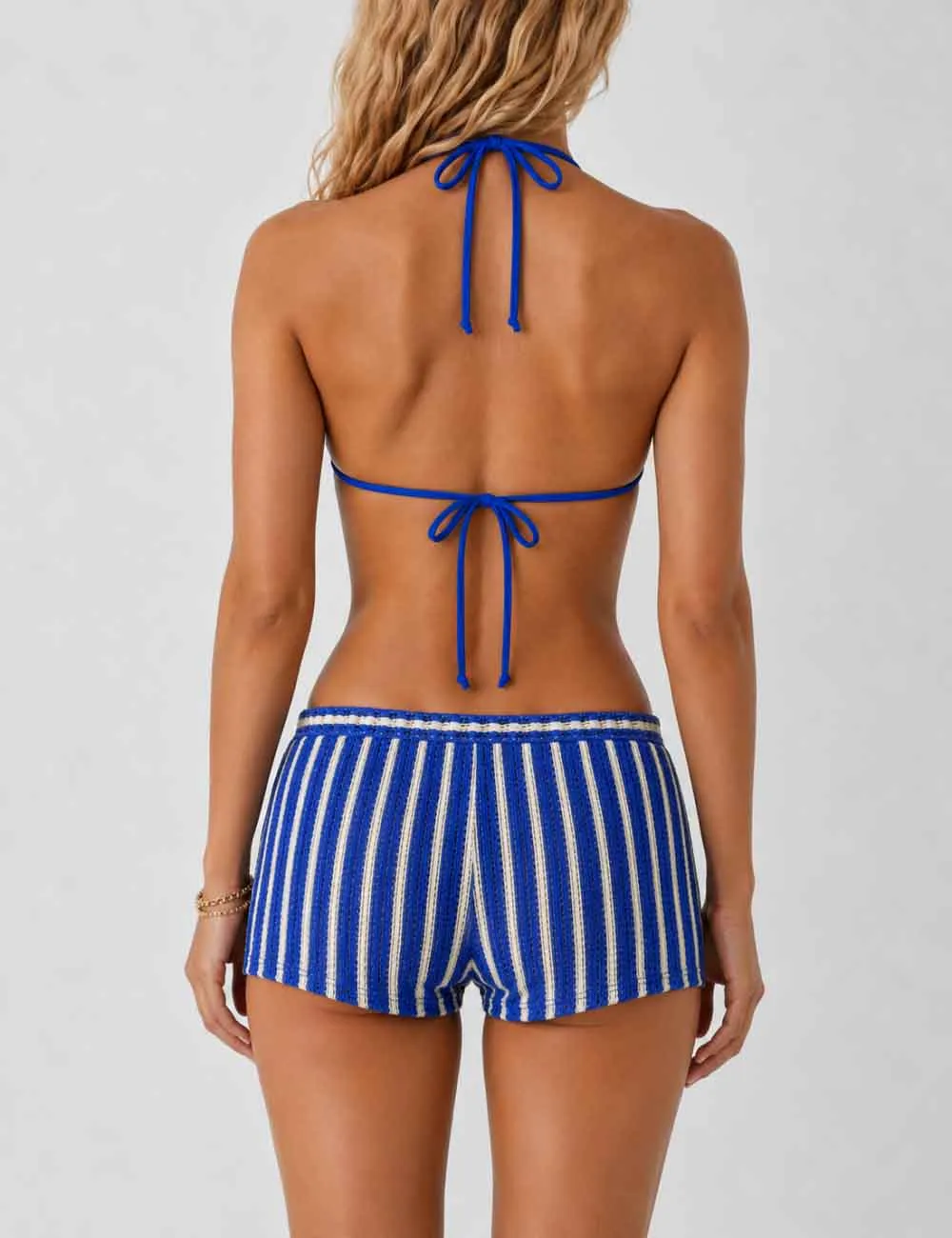 Crochet Triangle Three Piece Bikini Set with Cover Up Shorts