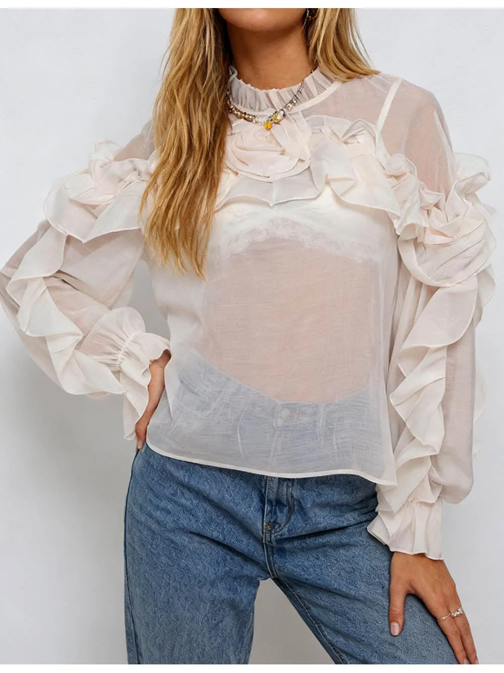 Chic D Irregular Ruffle Sheer Stand Neck Blouse