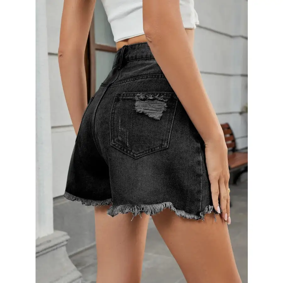 Simple Distressed Raw Hem Denim Shorts