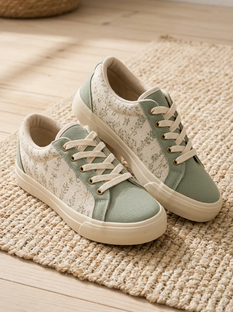 Women's Botanical Sage Green Floral Printed Canvas Sneakers