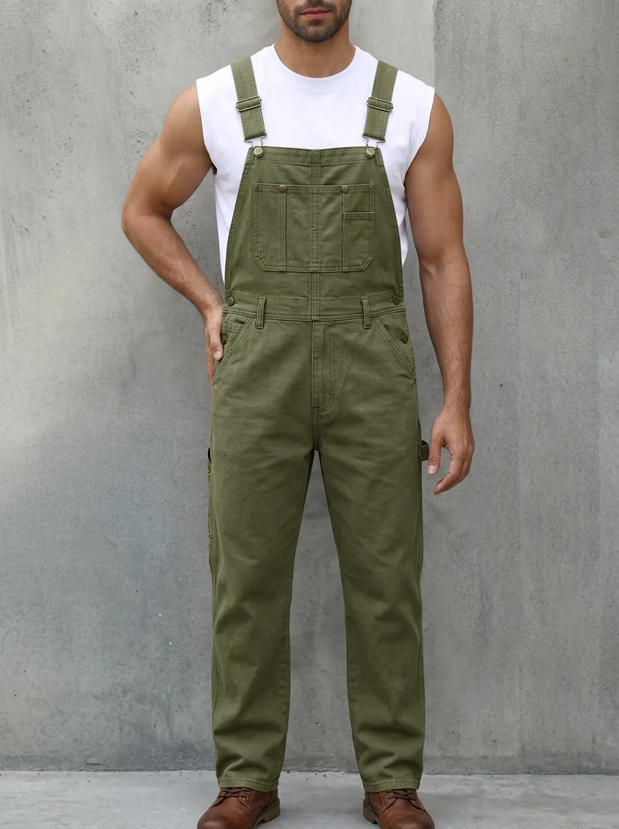 Men's Casual Olive Green Cotton Denim Overalls