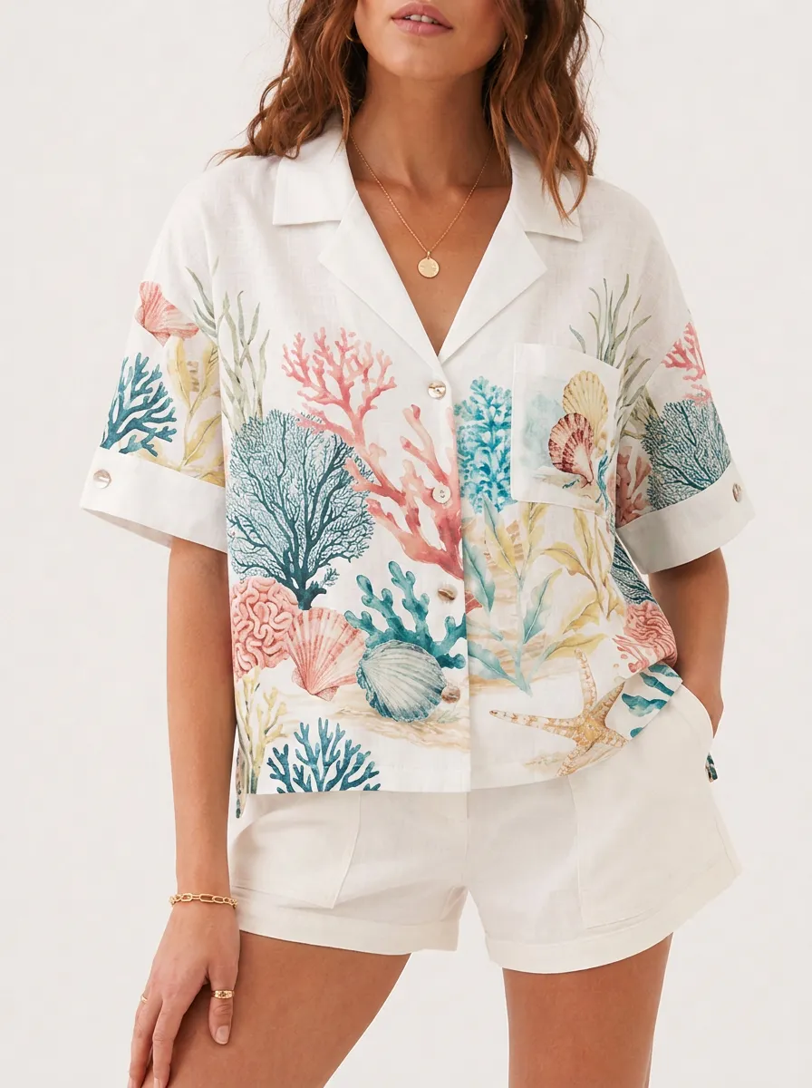 Women's Coastal Print Camp Collar Chest Pocket Short Sleeve Straight Hem Shirt
