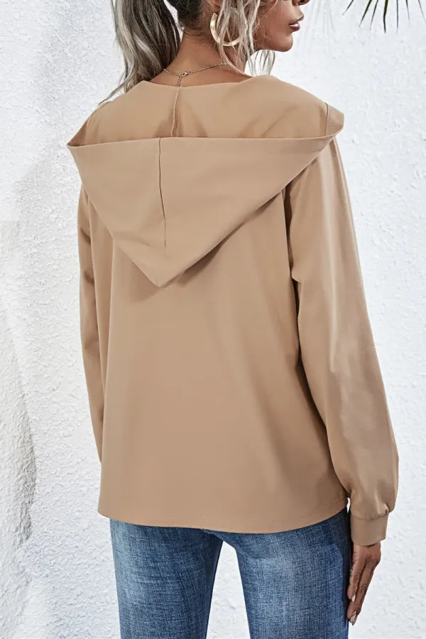 Buttoned Raglan Sleeve Hooded Blouse