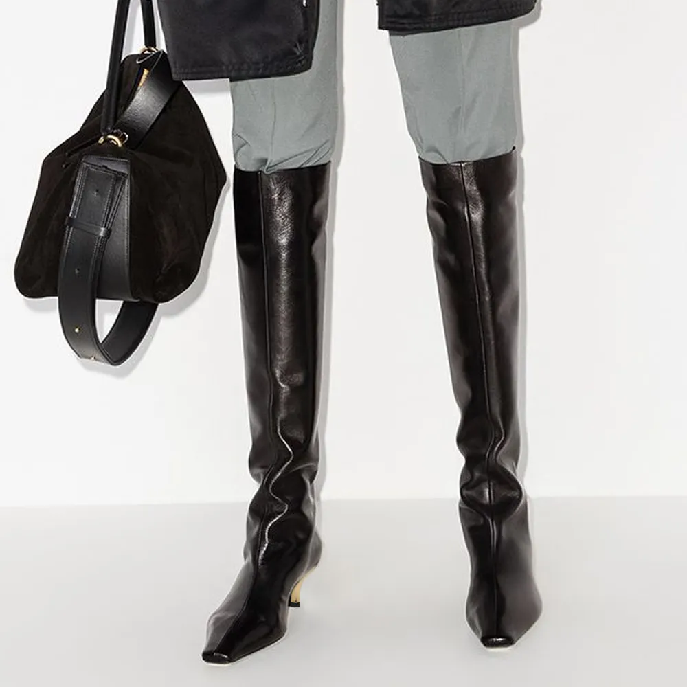 Classic Faux-Leather Square-Toe Kitten-Heel Platform Knee-High Boots