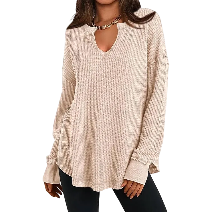 Women‘s Waffle Knit Long Sleeve Casual V Neck Shirts