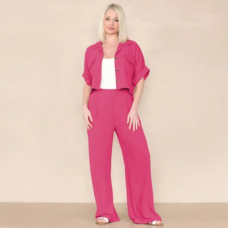 Women's Casual Button Front Flap Pocket Blouse & Wide Leg Trousers Co-ord, Crop Short Sleeve Shirt & High Waist Pants Two-Piece Set