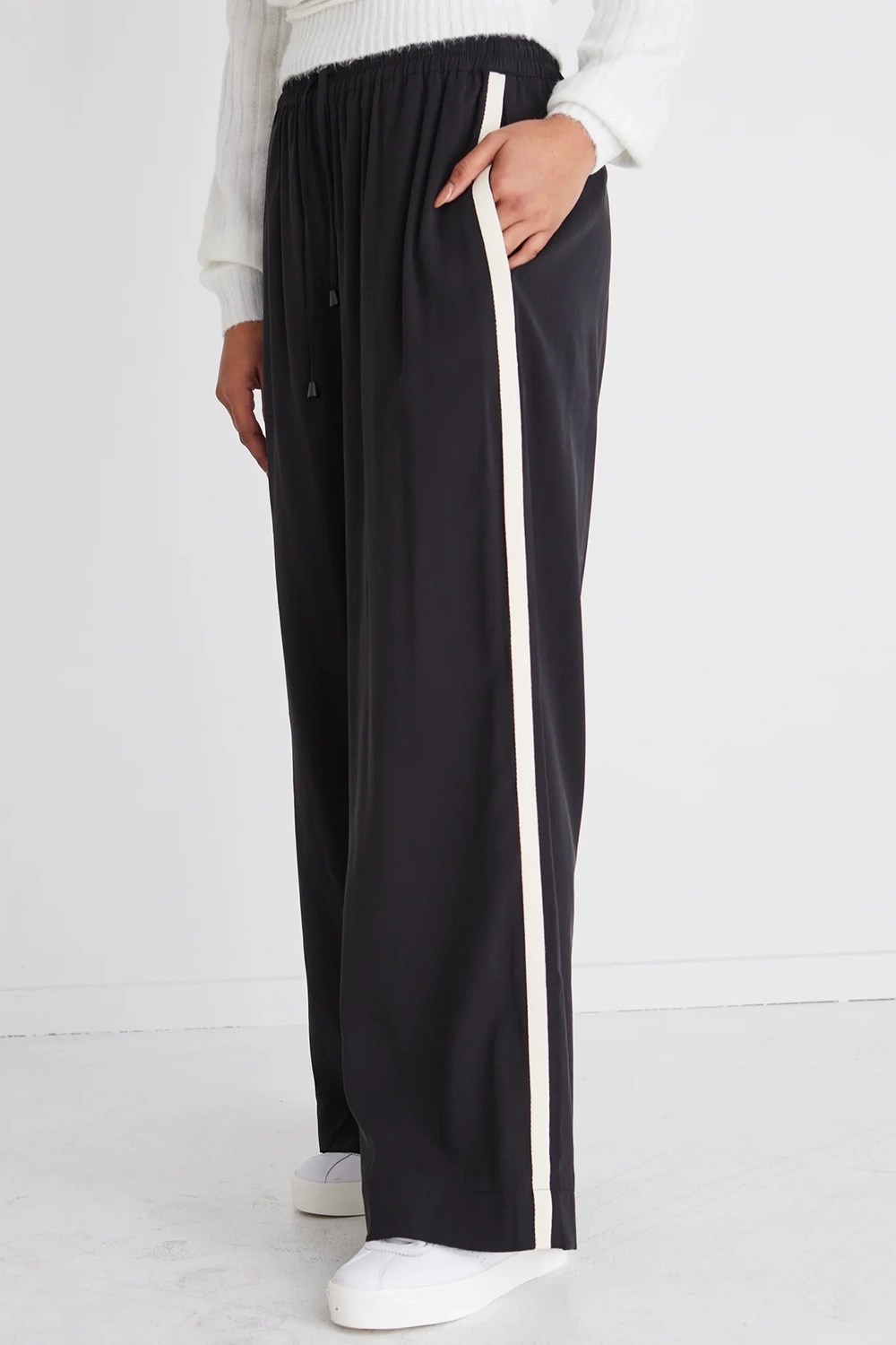 Black Stripe Tape Wide - Leg Trousers