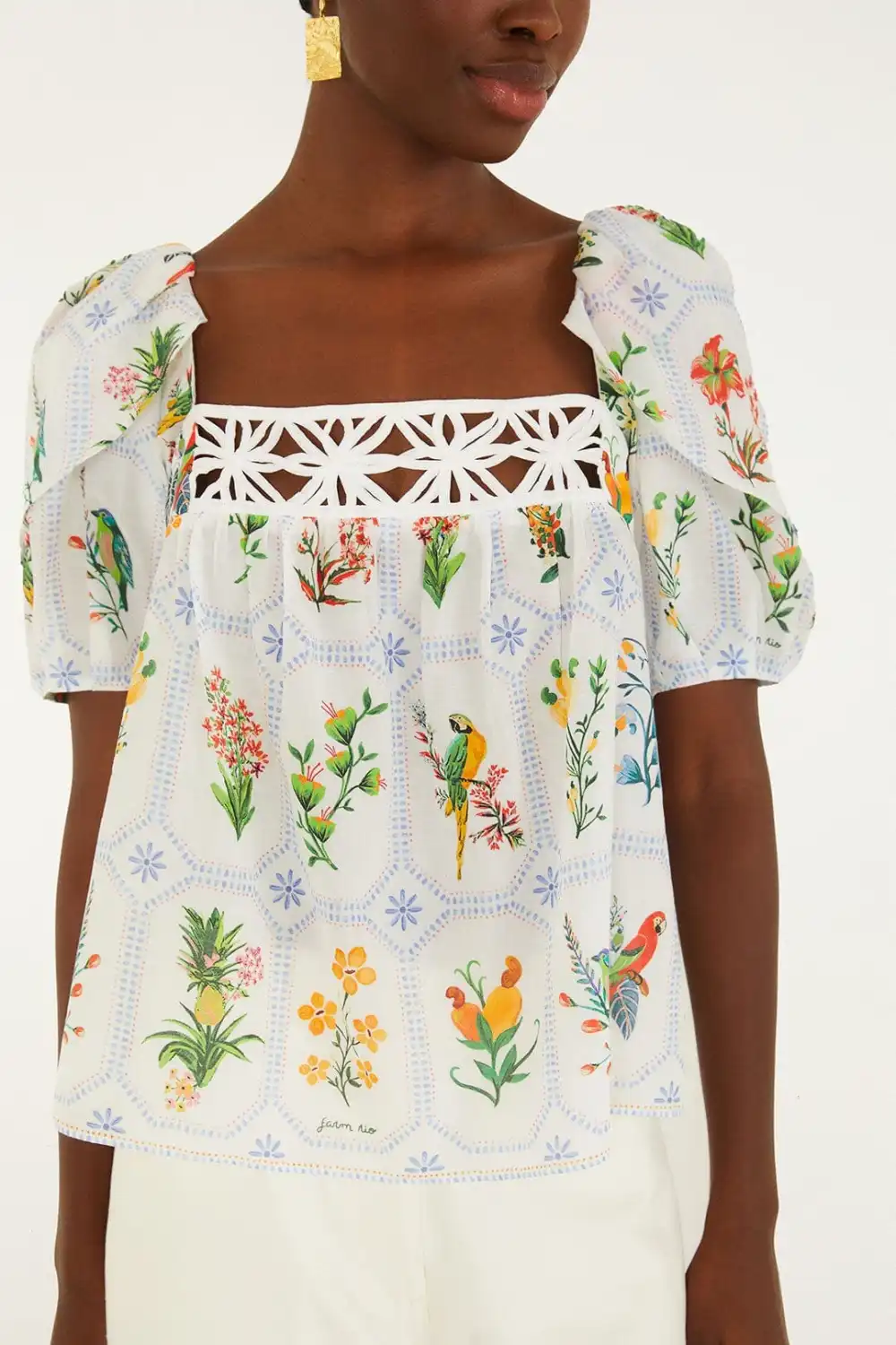 Embroidered Tropical-Print Short-Sleeve Blouse