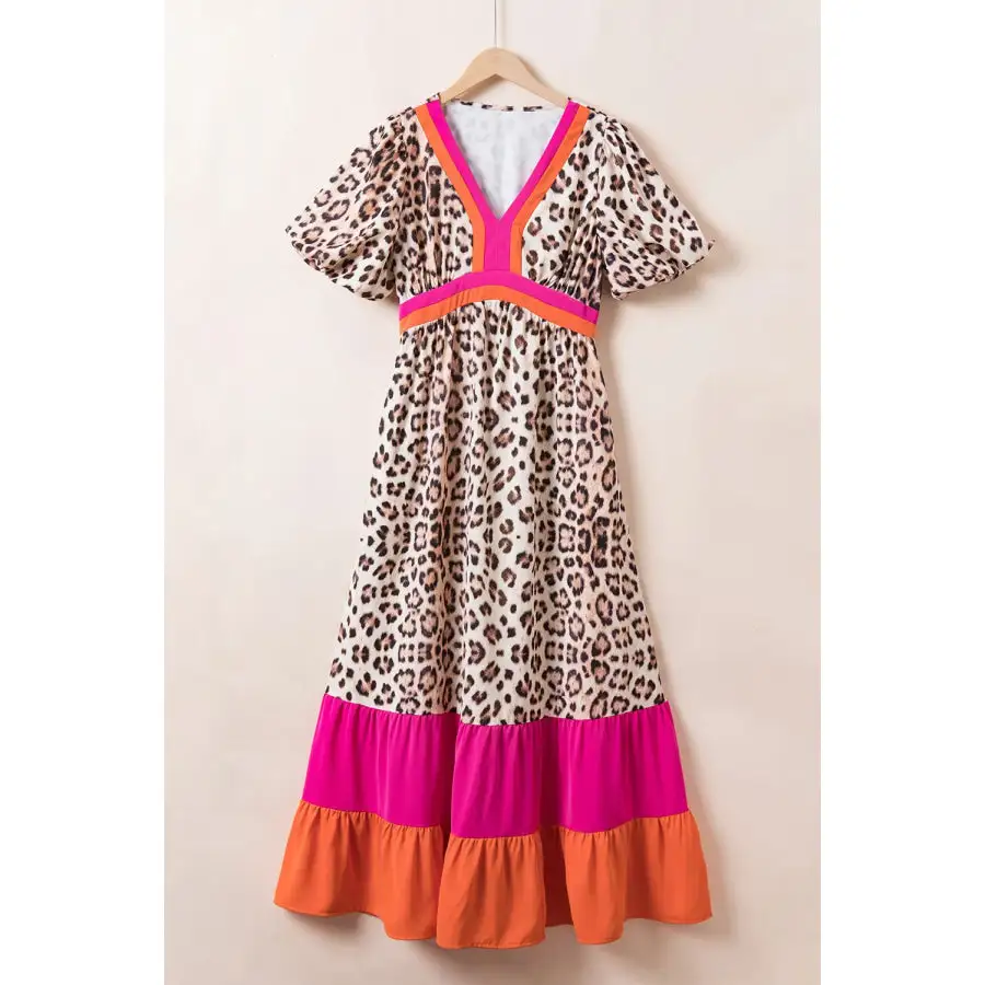 Full Size Leopard V Neck Half Sleeve Maxi Dress