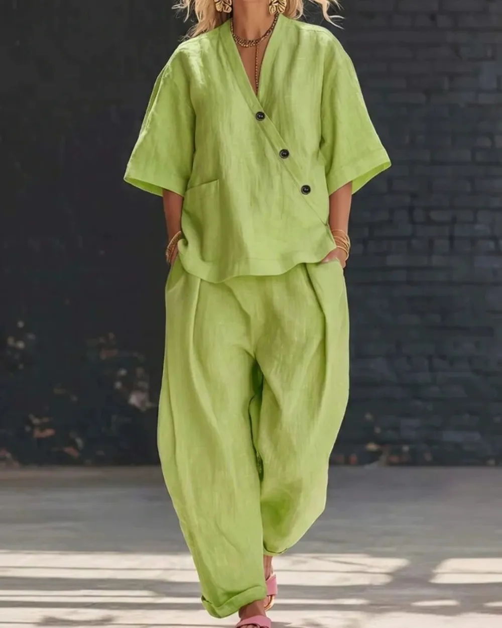 Casual Cotton and Linen V-Neck Top and Wide Leg Set