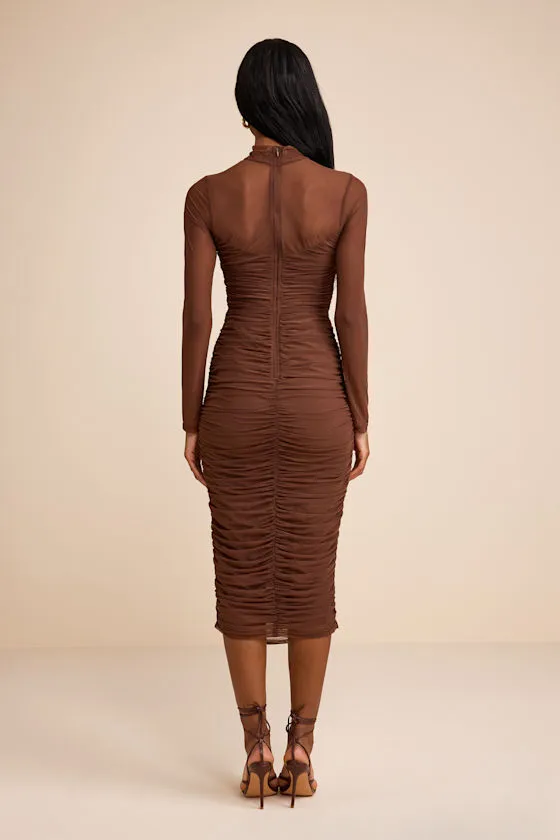 Impressive Flirt Black Mesh Ruched Mock Neck Midi Dress