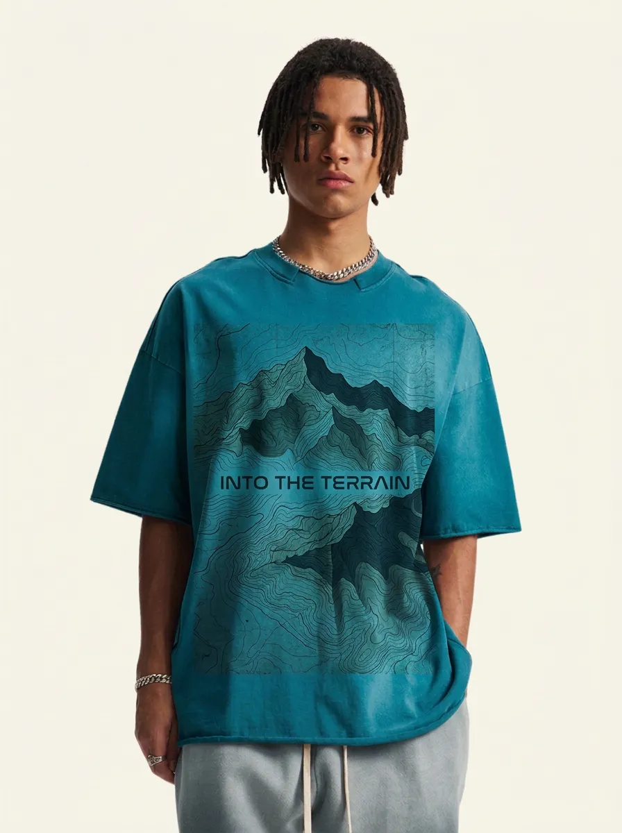 Men's Oversized Mountain Roamer Outdoor Hiking Into The Terrain Topographic Map Graphic T-Shirt